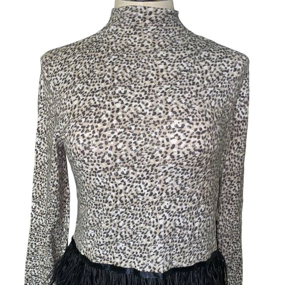 Tyler Boe Cheetah Feather tiered mock neck black Dress bell sleeved medium NWTs - Picture 7 of 11